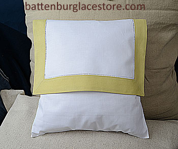 Envelope Pillow. 12 inches. White with TARRAGON / GREEN border